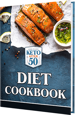 Keto After 50 Diet Cookbook Cover mit Lachsfilet und Kräutern