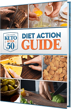Keto After 50 Diet Action Guide Cover mit Nahrungsmittel-Fotocollage