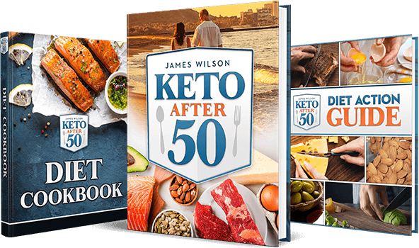 Bundle-Mockup mit Keto After 50 Hauptbuch und zwei Bonus-Guides