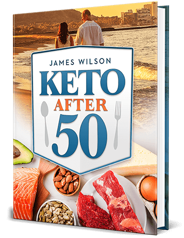 Buch-Cover Keto After 50 von James Wilson mit Paar am Strand und Lebensmittelabbildungen