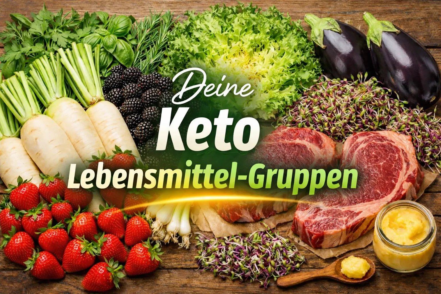 Deine Keto Lebensmittel-Gruppen mit Gemüse, Obst und Fleisch auf Holzhintergrund