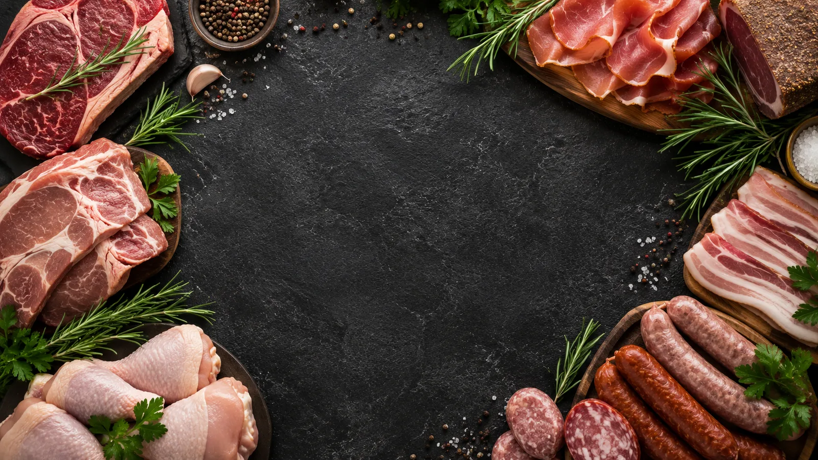 Verschiedene Fleischsorten und Wurstwaren auf dunklem Hintergrund mit Kräutern arrangiert