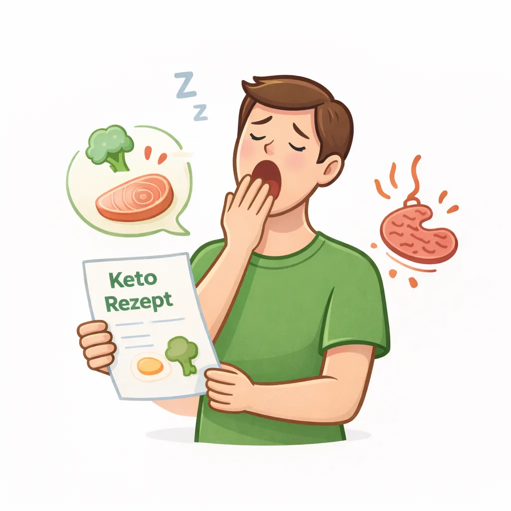 Cartoon-Illustration eines Mannes gähnend mit Keto Rezept und Lebensmitteln