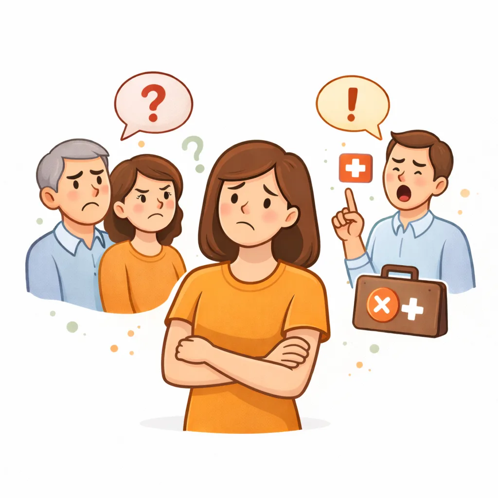 Cartoon-Illustration einer Frau mit Eltern und Arzt, Fragezeichen und Ausrufezeichen
