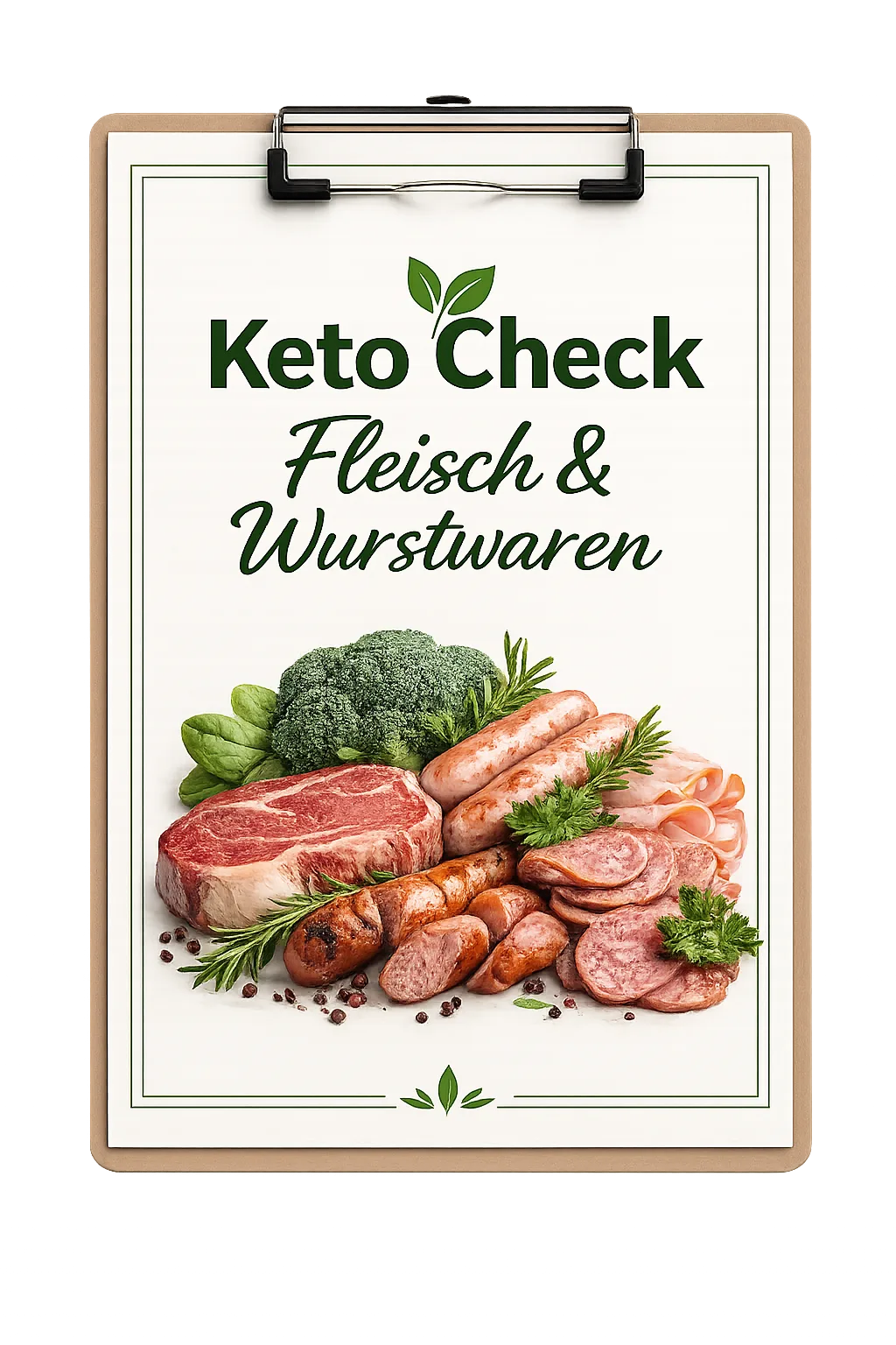 Keto Check Fleisch & Wurstwaren Checkliste auf Klemmbrett mit Fleisch- und Gemüseabbildung