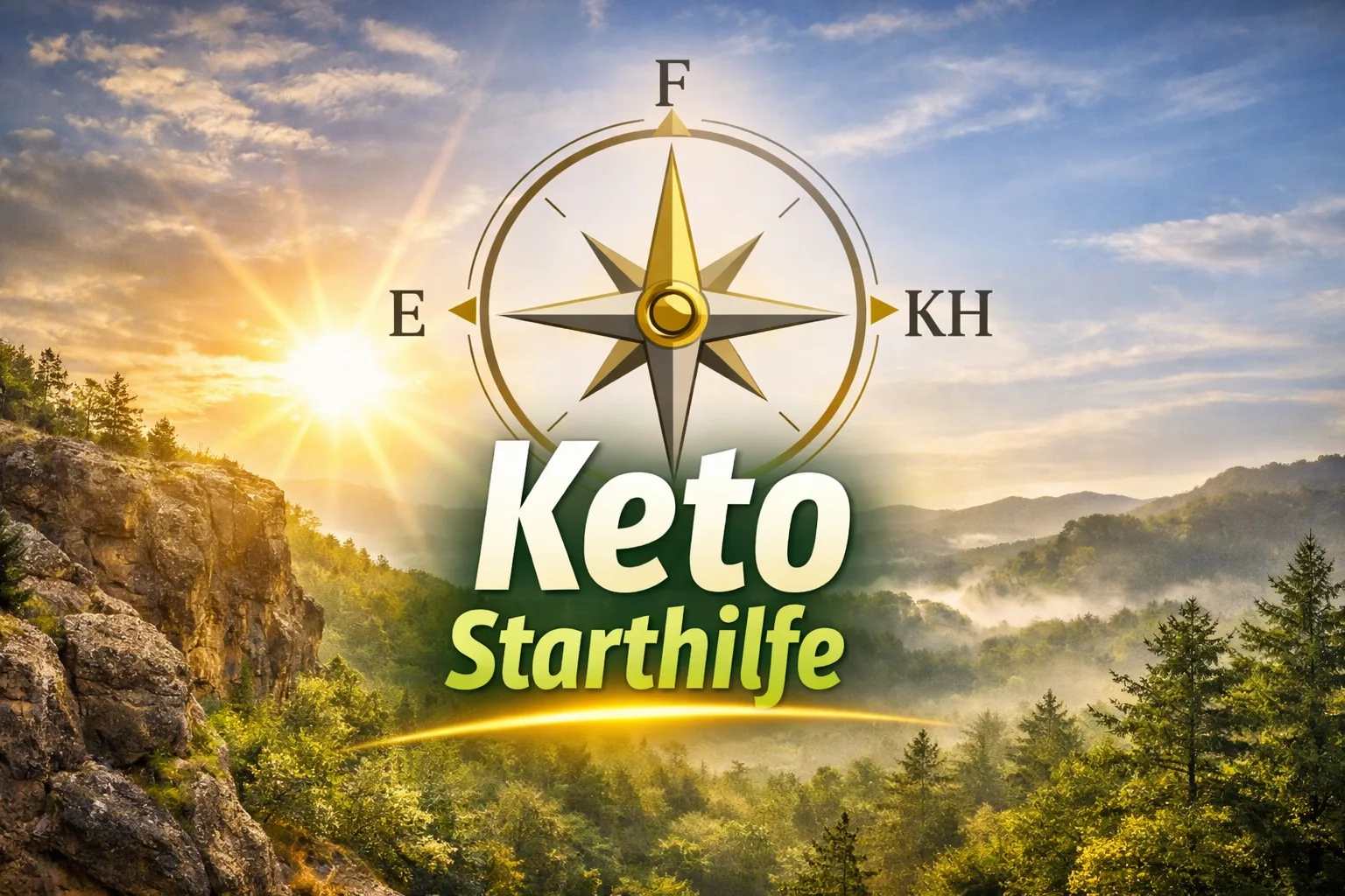 Kompass mit Keto Starthilfe Text vor Berglandschaft bei Sonnenaufgang