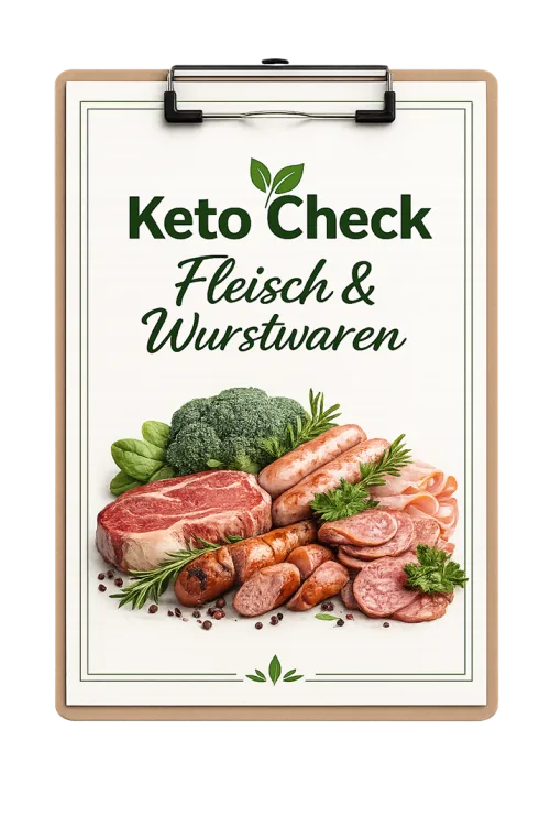 Keto Check Fleisch & Wurstwaren Checkliste auf Klemmbrett mit Produktabbildung