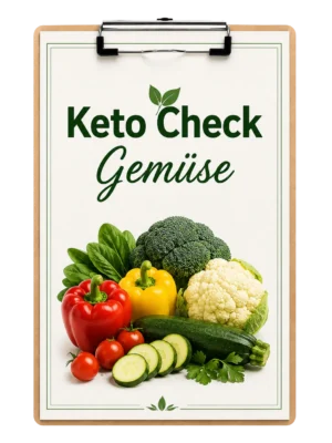 Keto Check Gemüse Checkliste auf Klemmbrett mit Gemüsefotos