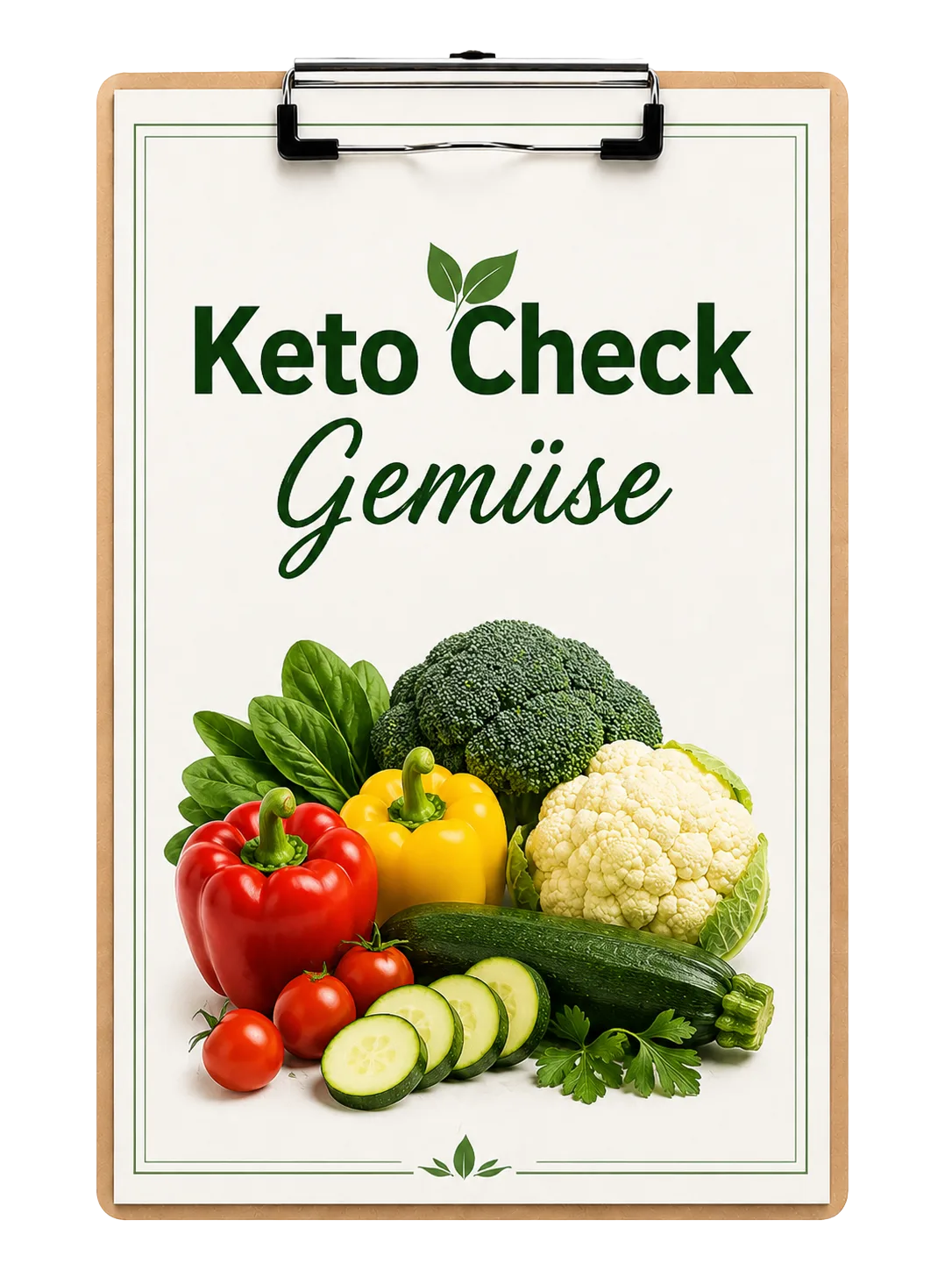 Keto Check Gemüse Checkliste auf Klemmbrett mit Gemüsefotos