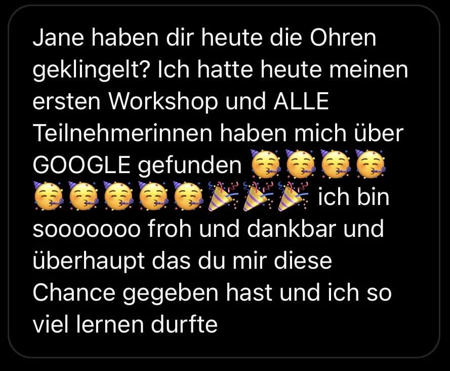 Kundenfeedback Screenshot über Workshop und Google-Funde mit Emojis