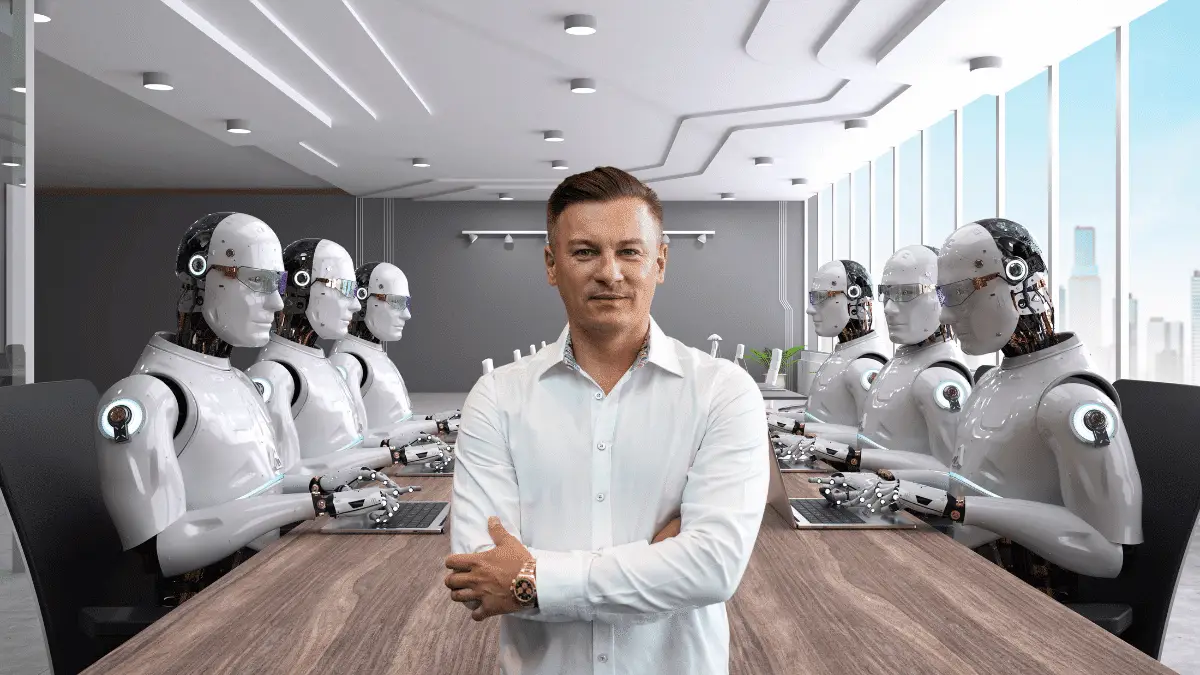 Dawid Przybylski in modernem Büro mit humanoiden Robotern, weißes Hemd, selbstbewusste Pose
