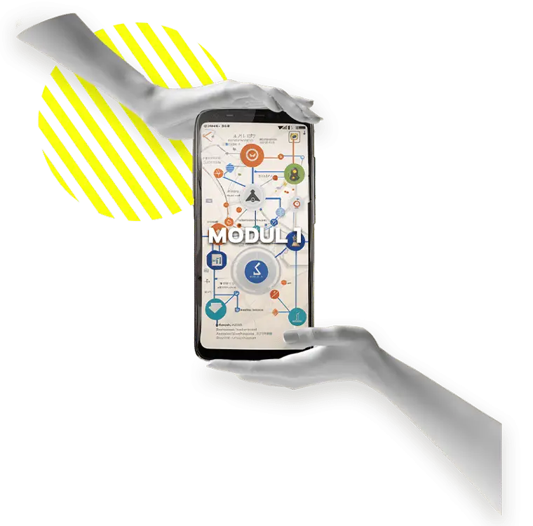 Smartphone in weißen Händen mit gelb-weißem grafischem Element und App-Interface mit Modul 1 Label