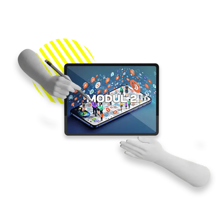 Tablet in weißen Händen mit gelb-weißem grafischem Element und isometrischer Grafik, Modul 2 Label