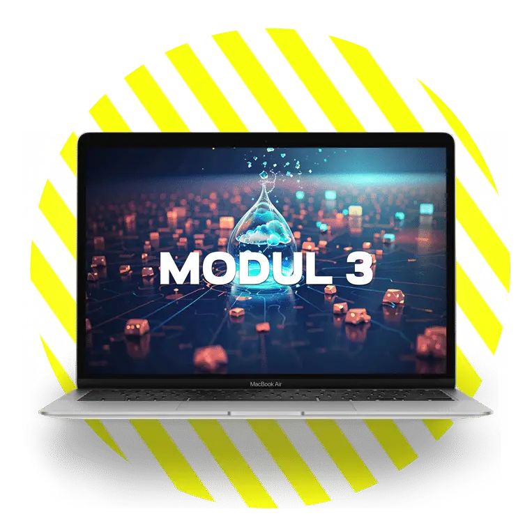 MacBook Air mit 3D-Grafik einer Laborflasche und Datenpunkten, gelb-weißem Element, Modul 3 Label