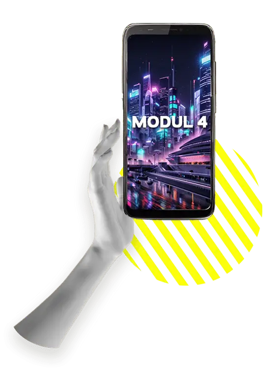 Smartphone in weißer Hand mit futuristischer Stadtansicht und bunten Lichtern, Modul 4 Label