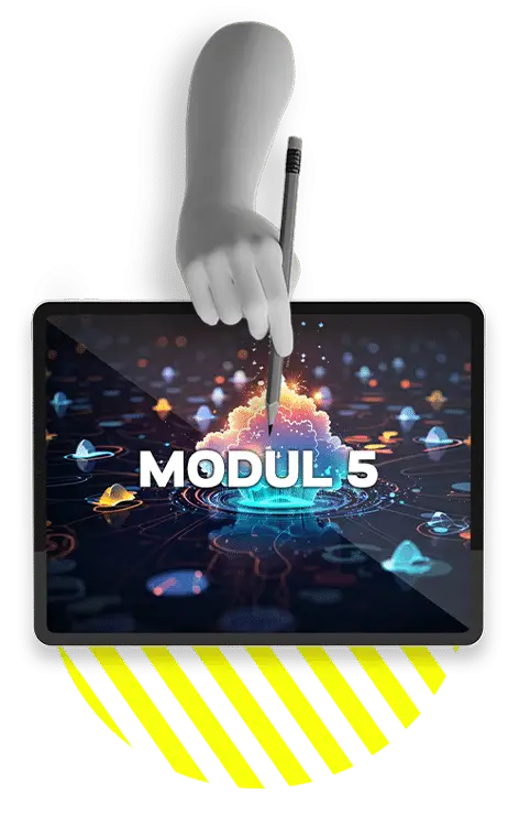Tablet in weißer Hand mit leuchtenden 3D-Effekten und Datenpunkten, gelb-weißem Element, Modul 5 Label