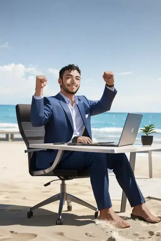 Erfolgreicher Mann im blauen Anzug am Laptop am Strand, Fäuste hochgestreckt, Siegespose