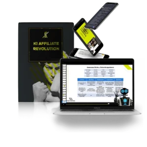 Mockup KI Affiliate Revolution: Schwarze Box, gelbes Banner, Smartphones und Laptop mit Dashboard, grafische Elemente