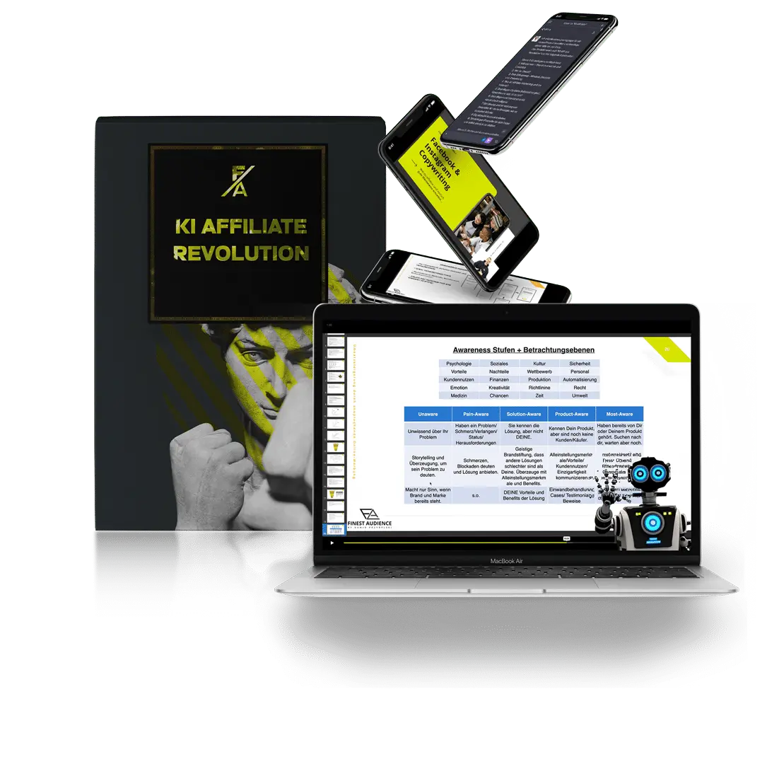 Mockup KI Affiliate Revolution: Schwarze Box, gelbes Banner, Smartphones und Laptop mit Dashboard, grafische Elemente