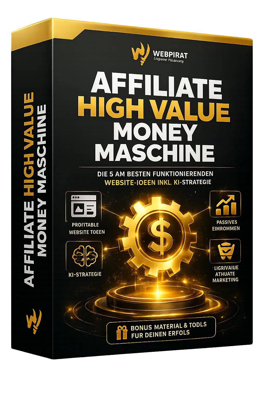 Produktbox-Mockup Affiliate High Value Money Machine mit schwarzem Design, goldenem Zahnrad und Marketing-Ikonen