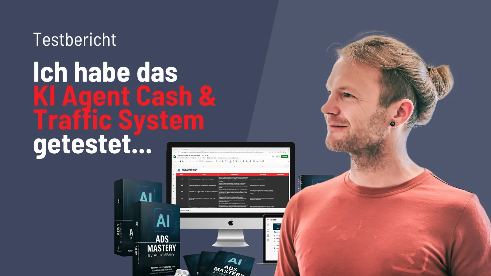 Testbericht von Robby Schadt zum KI Agent Cash und Traffic System mit Produktboxen und Laptop-Display
