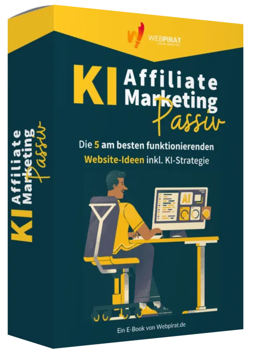 E-Book Cover KI Affiliate Marketing Passiv mit Illustration einer Person am Schreibtisch mit Website-Elementen