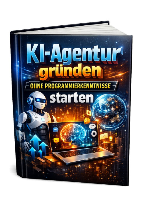 Produktabbildung E-Book KI-Agentur gründen mit Roboter und Laptop-Mockup