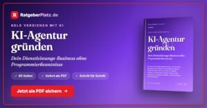 Hero-Banner zur KI-Agentur-Gründung mit lila Gradient, Ratgeberplatz-Logo und Buch-Mockup