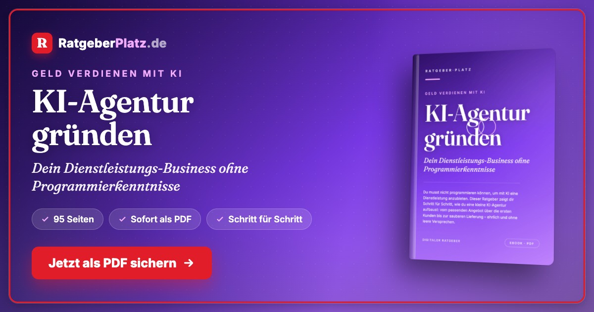 Hero-Banner zur KI-Agentur-Gründung mit lila Gradient, Ratgeberplatz-Logo und Buch-Mockup
