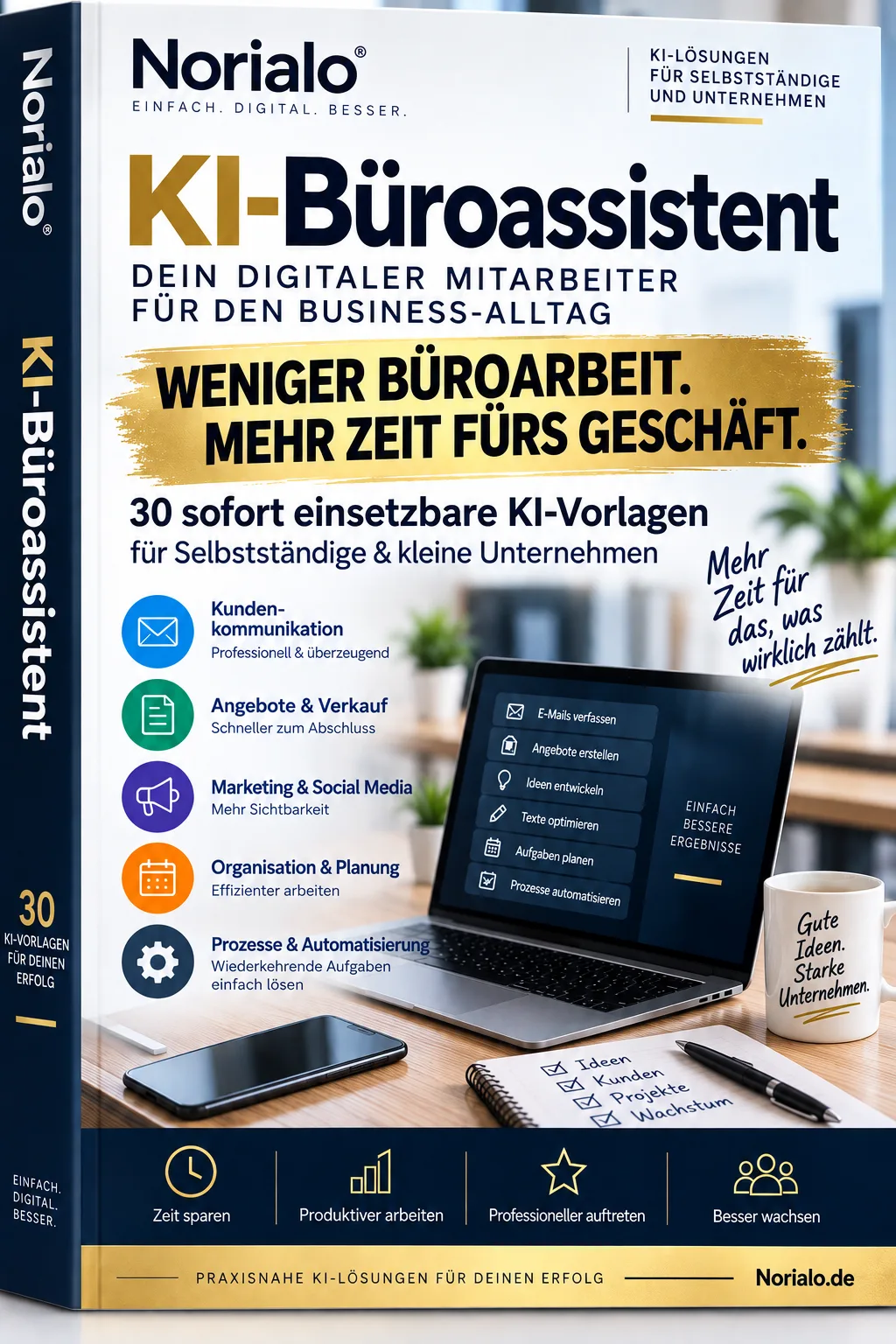 KI-Büroassistent E-Book Cover – 30 KI-Vorlagen für Selbstständige und kleine Unternehmen von Norialo