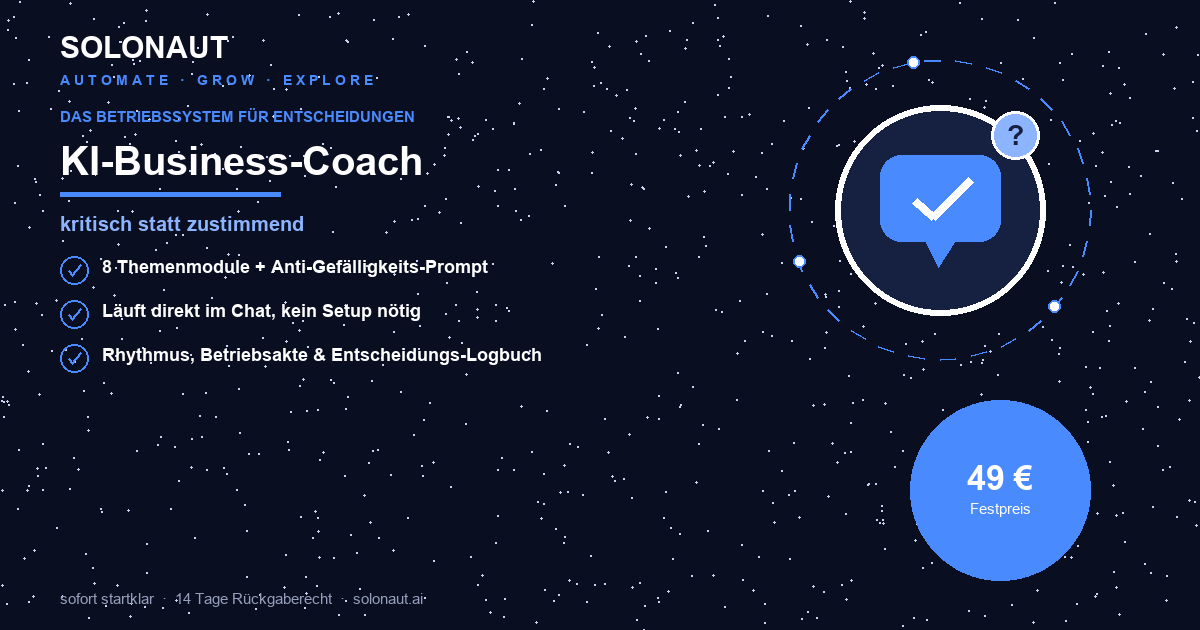 KI-Business-Coach Produktseite mit Preisangabe 49€, Themenmodulen und Anti-Gefälligkeits-Prompt