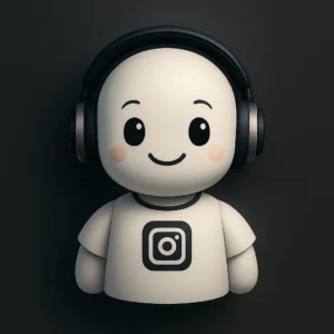ContentCaro - 3D Charakter mit weißem Kopf, schwarzen Kopfhörern und Instagram-Symbol auf der Brust