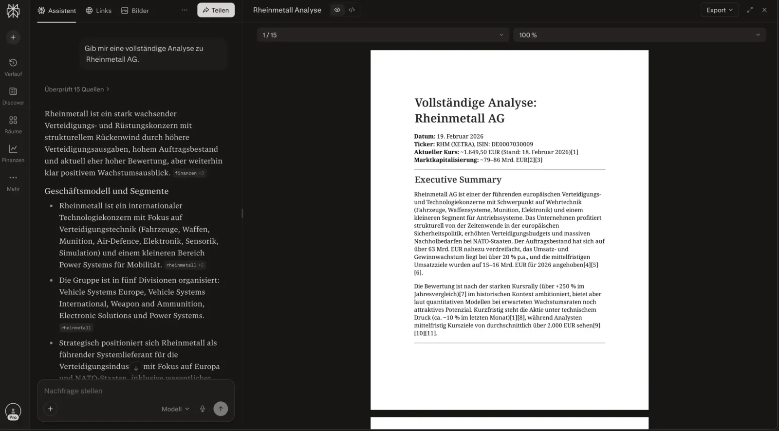 Screenshot einer Perplexity KI-Analyse zu Rheinmetall AG mit Executive Summary und Finanzdaten