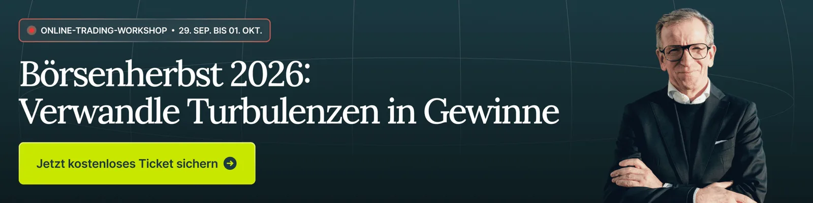 Desktop-Banner mit Ankündigung Online-Trading-Workshop 29. Sept bis 01. Okt und Mann mit Brille