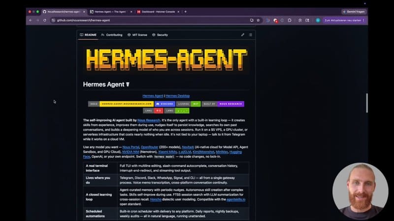 Screenshot einer GitHub-Seite mit Hermes Agent Dokumentation und Gesichtsfoto eines Mannes