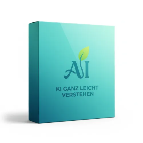 Türkise Produktbox mit AI-Logo und grünem Blatt, 3D-Darstellung