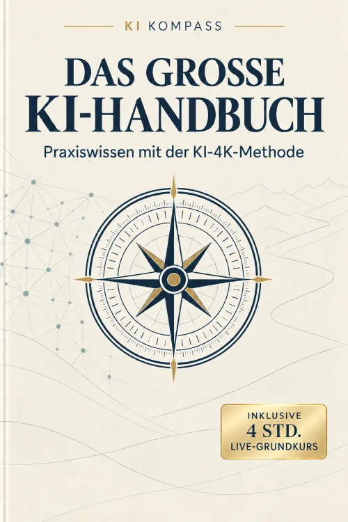 Cover des Großen KI-Handbuchs von KI Kompass mit Kompass-Grafik und Untertitel zur KI-4K-Methode