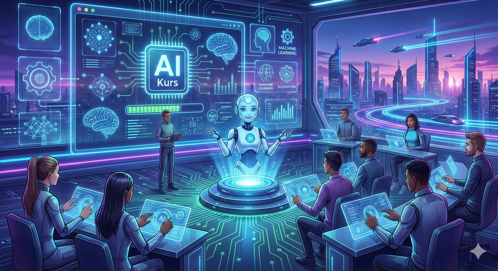 Futuristischer AI Kurs Schulungsraum mit humanoider KI-Roboter und Team an Workstations