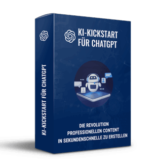 KI-Kickstart für ChatGPT Produktbox mit 3D-Cover, Roboter-Illustration und Claim zur professionellen Content-Erstellung