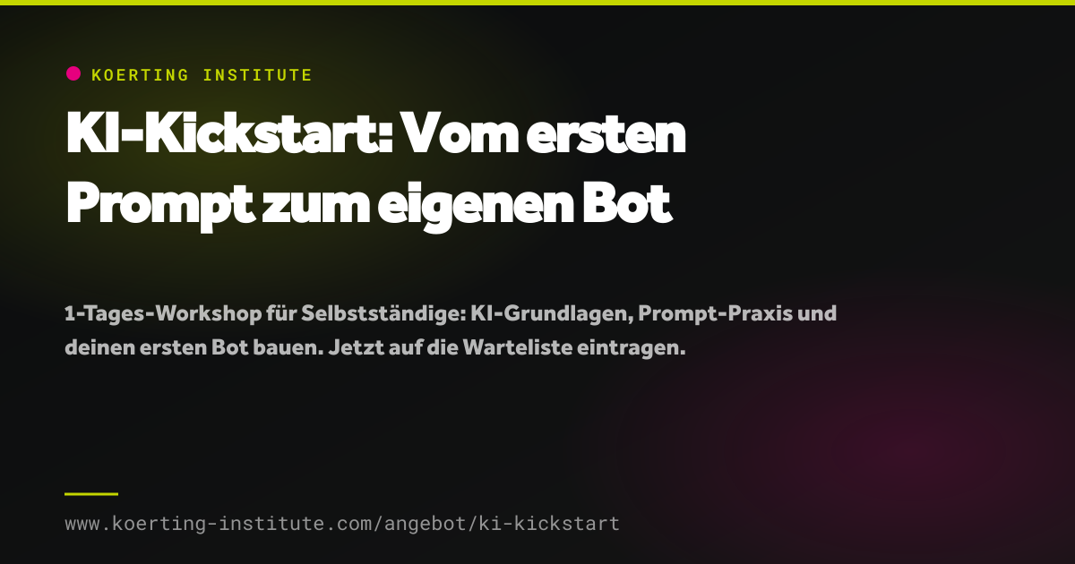 KI-Kickstart Kurs-Hero mit Titel und Beschreibung auf dunklem Hintergrund mit neongelben Akzenten