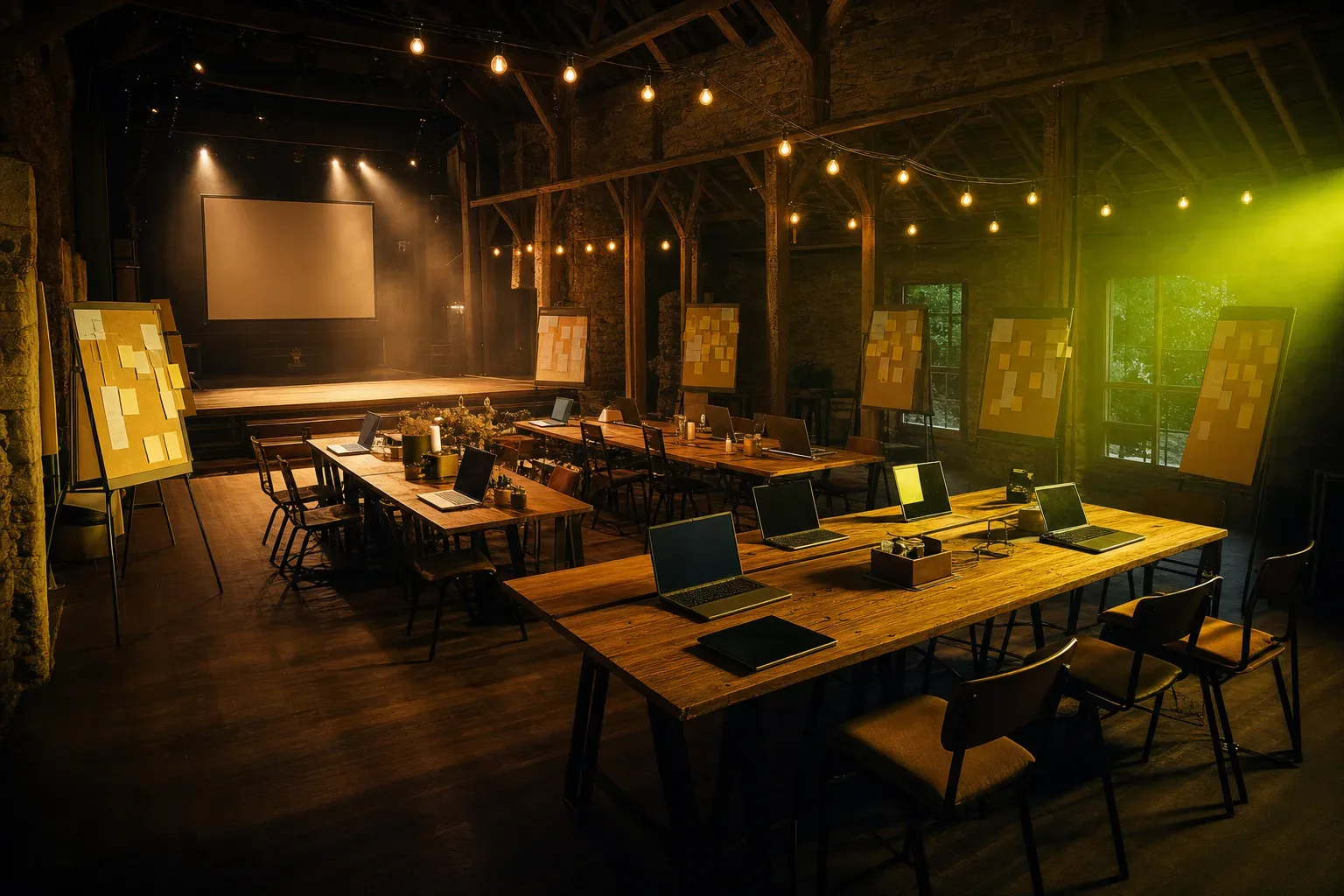 Moderne Workshop-Location Zehntscheune mit Holztischen, Laptops und gelben Moderations-Canvas-Boards unter warmem Licht
