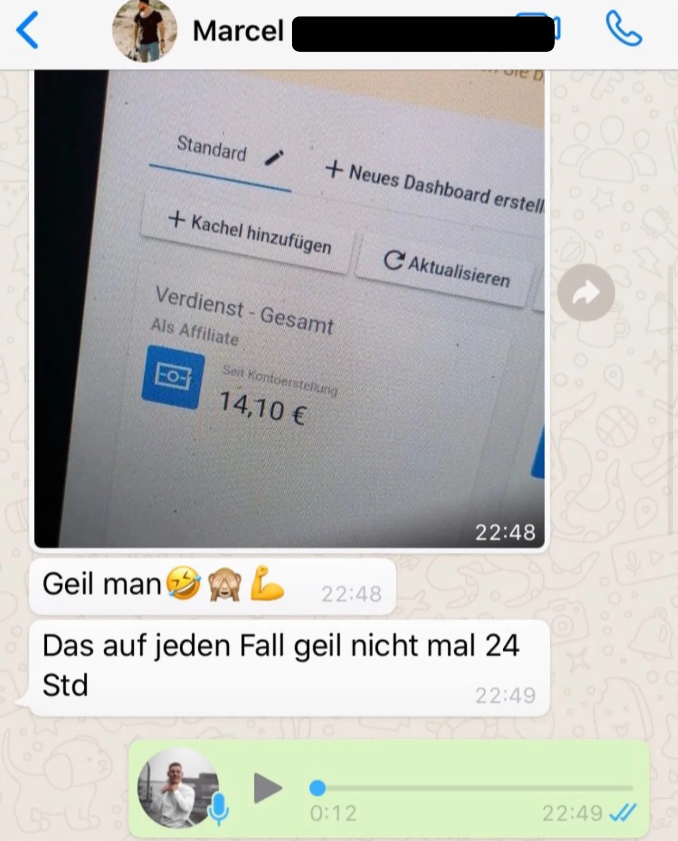 WhatsApp-Nachricht von Marcel mit Dashboard-Screenshot, zeigt 14,10 € Affiliate-Verdienst und Kommentare zur schnellen Geldve