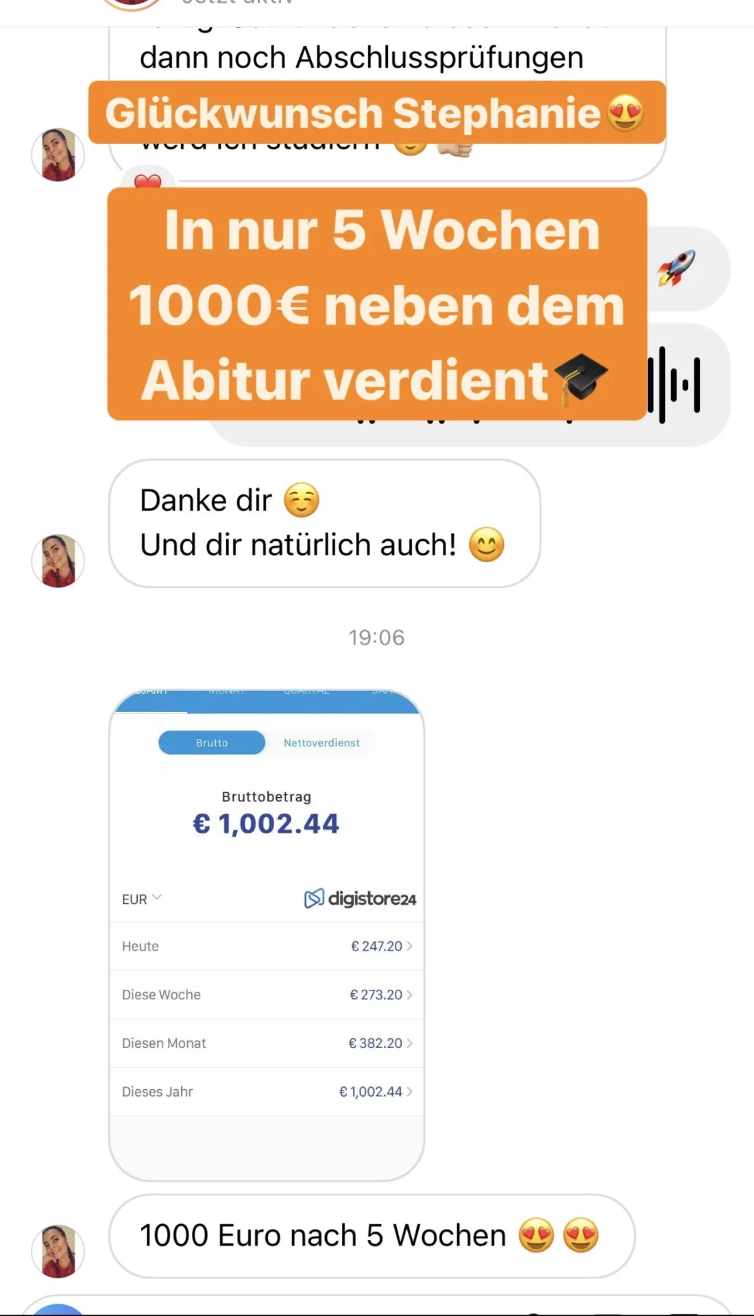 WhatsApp-Nachricht von Stephanie mit Glückwunsch zur Abschlussprüfung und Erfolg: 1000 € in 5 Wochen neben dem Abitur verdien