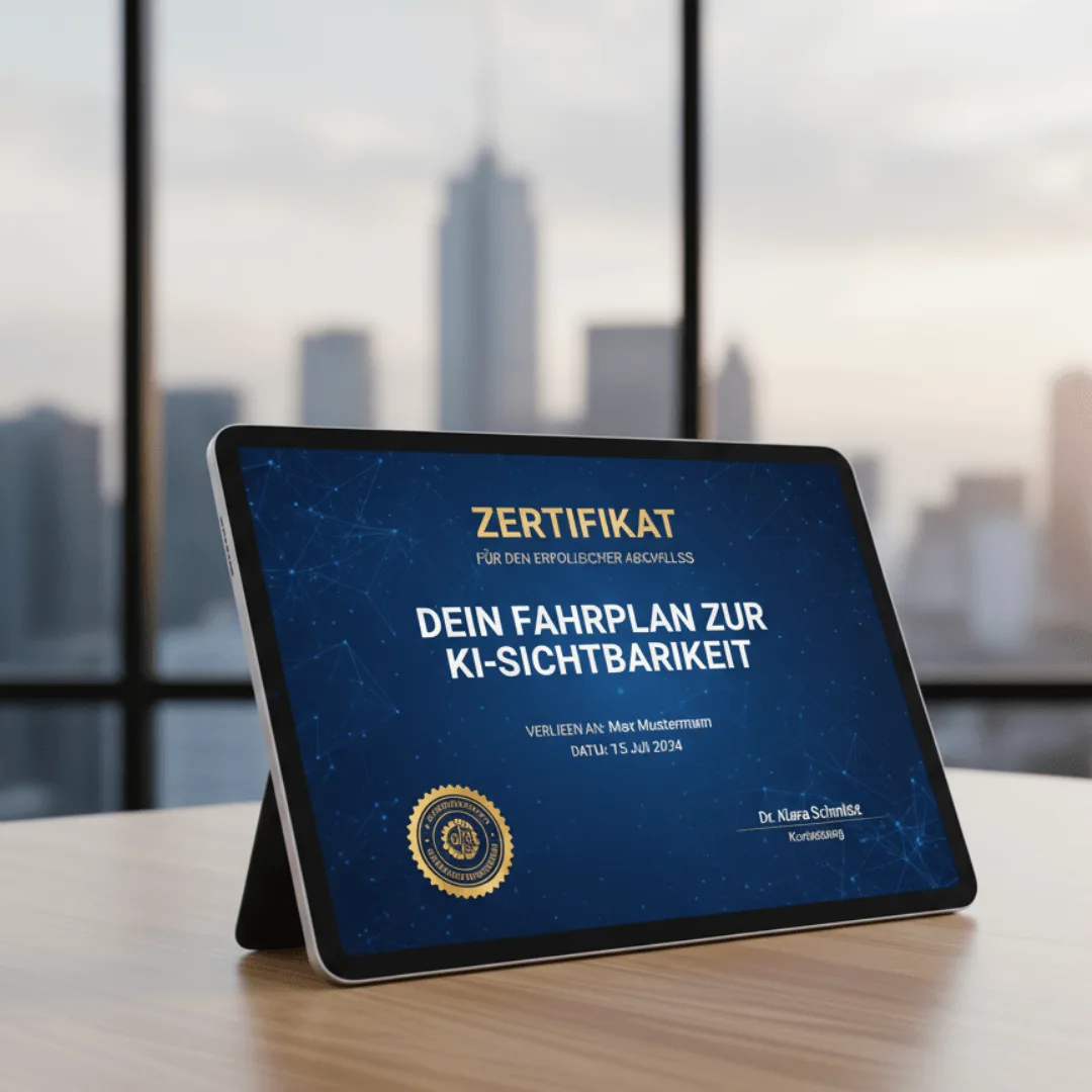 Tablet mit Zertifikat zum Fahrplan zur KI-Sichtbarkeit auf Schreibtisch mit Skyline im Hintergrund