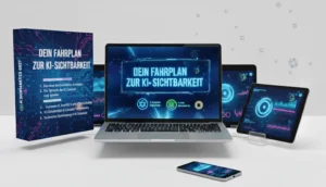 Mockup eines Online-Kurses mit Kursbuch, Laptop, Tablet und Smartphone, alle zeigen Inhalte zum Fahrplan zur KI-Sichtbarkeit