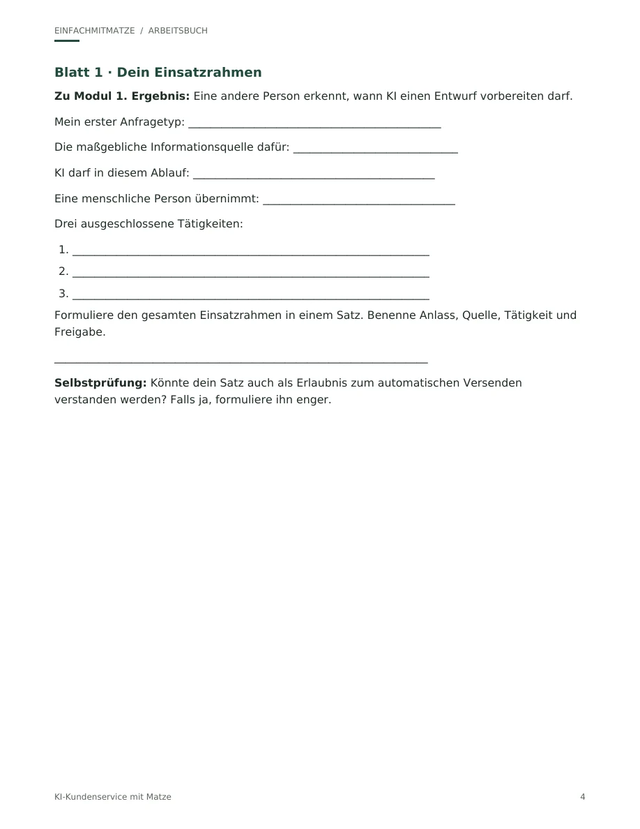 Arbeitsbuch-Seite Blatt 1 Einsatzrahmen mit Fragen und Selbstprüfung zum KI-Kundenservice