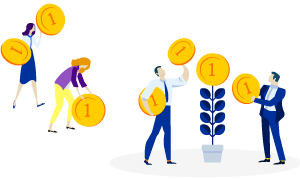 Illustration mit Menschen und Geldmünzen zum Thema Finanzwachstum