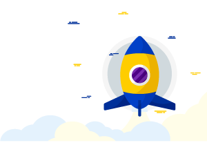 Illustration einer gelb-blauen Rakete mit Wolken im Hintergrund