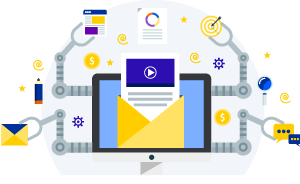 Illustration eines Laptops mit Email-Marketing-Elementen und Symbolen