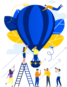 Illustration eines blauen Heißluftballons mit gelben Akzenten und Menschen